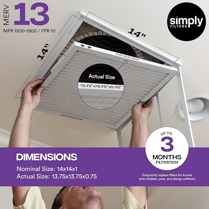 Simply 14x14x1 Air Filter, Merv 13, MPR 1500, 6 Pack, For Home AC Furnace & HVAC (Actual Size: 13.75"x13.75"x0.75") DUST, Pet, & Allergy Control