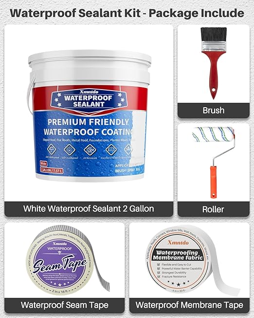 Waterproof Sealant - 2 Gallon, White, Multi-Surface Leak Repair Coating, Indoor & Outdoor Polyurethane Waterproof Coating, Crack & Leak Fix, Durable Water-Based Rubber Sealant, Easy to Apply