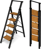 Taranta 5 Step Ladder, Portable Folding Ladder with Wide Pedal, Lightweight Aluminum Step Stool with Convenient Handgrip, 330 lbs Capacity Stepladder for Home, Office - BlackWoodgrain