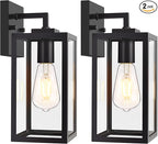 2-Pack Outdoor Wall Light Fixture with Tempered Glass, Exterior Wall Lantern with Easy-to-Clean Design, Waterproof Anti-Rust Wall Sconce for Front Porch, Black, E26 Base