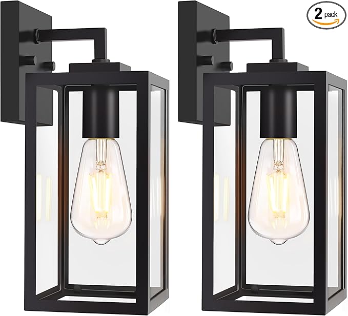 2-Pack Outdoor Wall Light Fixture with Tempered Glass, Exterior Wall Lantern with Easy-to-Clean Design, Waterproof Anti-Rust Wall Sconce for Front Porch, Black, E26 Base