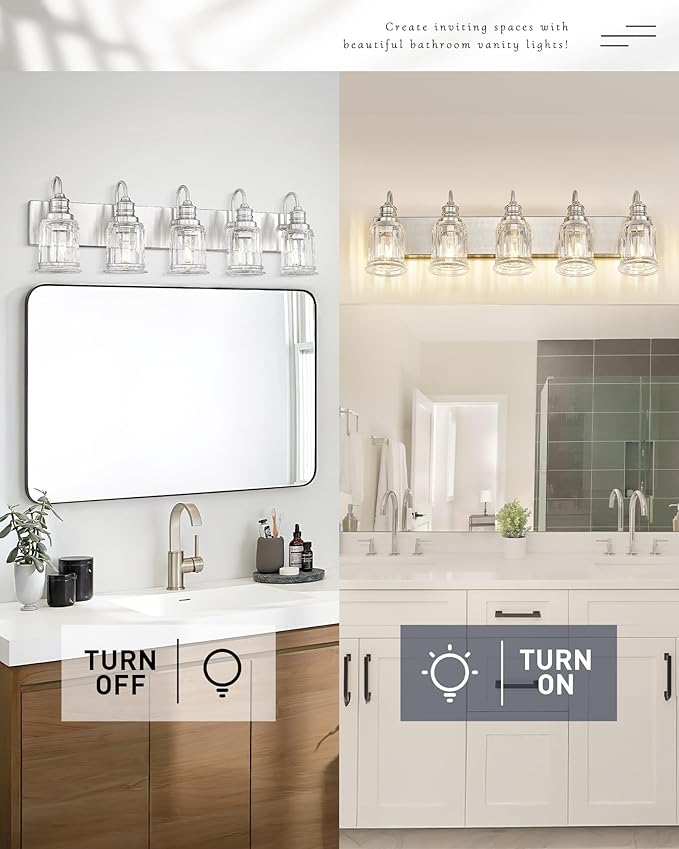 Bathroom Light Fixtures, HWH 5-Light Vanity Light, Modern Brushed Nickel Wall Lighting Over Mirror, Bell-Shaped Striped Glass, 5HZG106B-5W BN