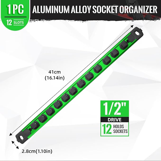 Magnetic Socket Organizer, 1-Piece Heavty Duty Aluminum Socket Holder, Socket Rail for Tool Box, Premium Quality 360° Swivel Socket Rack with 12 Clips for 1/2-Inch(Green)