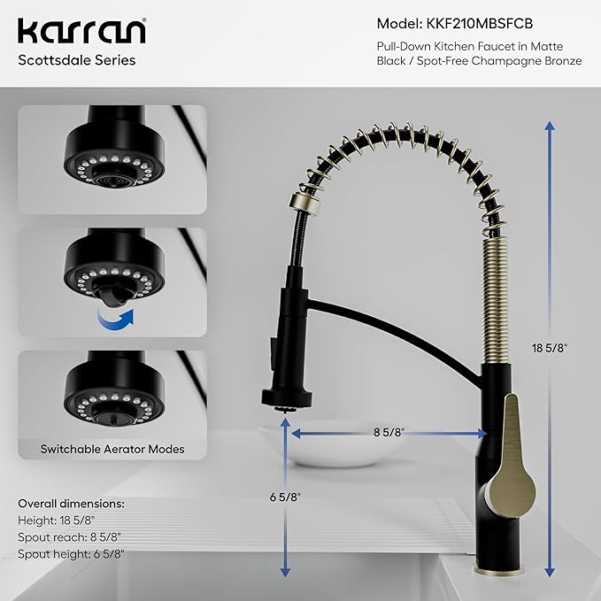 Karran Scottsdale Single-Handle Pull-Down Sprayer Commercial Style Kitchen Faucet in Matte Black/Spot-Free Champagne Bronze