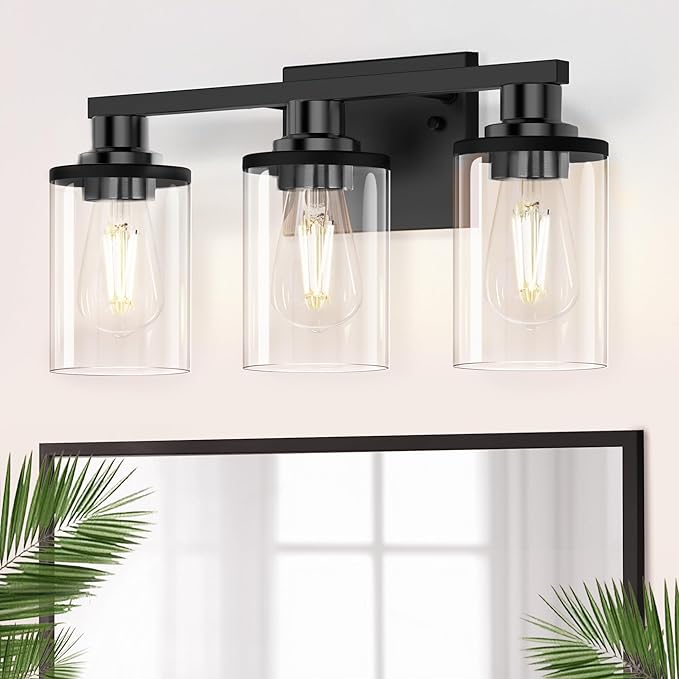 DORESshop 17 Inch Bathroom Light Fixtures, 3-Light Black Bathroom Lighting Fixtures Over Mirror with Clear Glass Shade, Vanity Lights for Bathroom Living Room Bedroom, ETL Listed