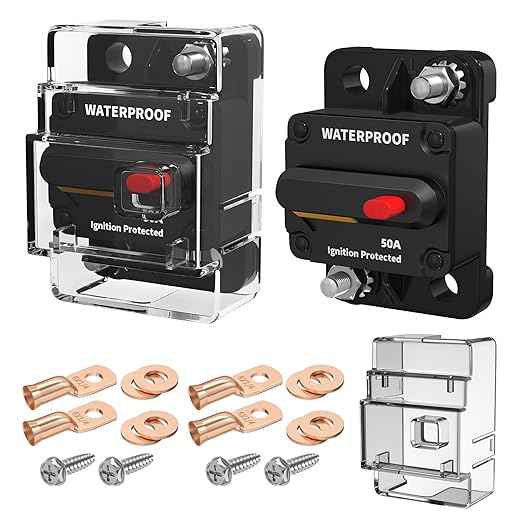 DaierTek 50 Amp Circuit Breaker 2-Pack with Transparent Cover Waterproof Marine Circuit Breaker 12V - 48V Resettable Inline Fuse Switch, 12 Volt 50A Breaker for Boat Trolling Motor Car Automotive
