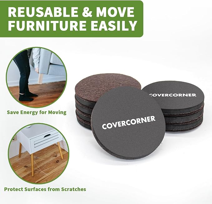 Furniture Sliders for Hardwood Floors 8 PCS - 4 3/4 inch Sliders for Moving Furniture – Felt Furniture Pads for Hardwood Floors Brown