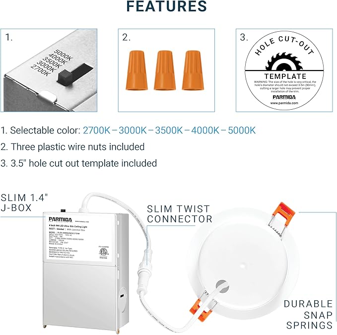 PARMIDA (12 Pack) 4 Inch LED Gimbal 5CCT Recessed Lighting, Directional Adjustable Canless Ceiling Light with J-Box, 2700K-5000K 5 Color Selectable, 9W, Eyeball Ultra-Thin Slim Panel, Dimmable, ETL