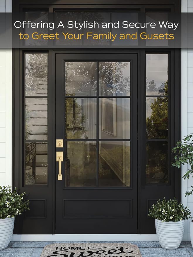 EHOMEWARE Gold Front Door Handle Set, Brass Heavy Duty Square Door Lever & Single Cylinder Deadbolt Combo Reversible for Entrance Exterior Doors 2 Sets