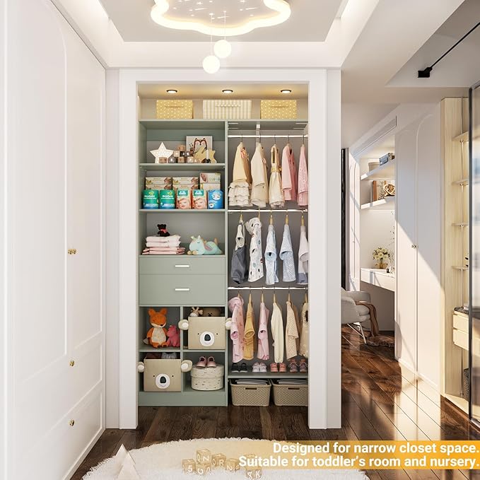 5FT Small Closet System, Baby Closet Organizer System with Wooden Drawers, 60 Inches Walk in Closet System with 5 Hanging Rods and 3 Reversible Hanging Shelving, Crab Green