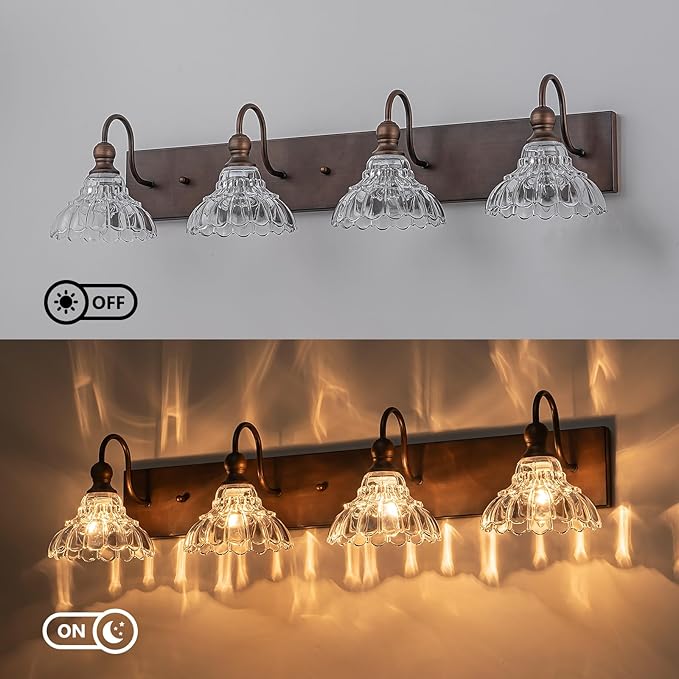 EDISLIVE Vintage Vanity Light for Bathroom ORB 4-Light Bath Wall Light Fixture with Clear Flower Glass Shades 36.22" E12 Antique Wall Sconce for Bedroom Hallway Living Room Vanity Mirror