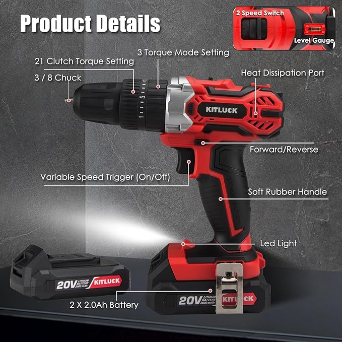 KITLUCK Cordless Drill Set, 20V Power Drill Kit Electric Drills with 2 X 2.0AH Battery, 44pcs Bits, 1 Box Screws, Bubble Level, 3/8'' Chuck Power Drill, 32NM, 21+3 Position, 2 Variable Speed