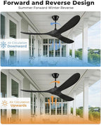 52" Ceiling Fans Without Lights, Solid Wood Ceiling Fan with Remote Control and DC Motor, Ceiling Fan no Light with 3 Blades, Indoor Outdoor Ceiling Fans for Patios, Bedroom- Matte Black