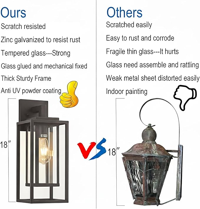 18" Outdoor Wall Light Fixtures Waterproofed Exterior Lantern W/Sturdy Rectangular Double Cage In Old Rust &Clear Tempered Glass,Sconce Mounted For House Patio,Front door,Porch,Garage Lighting 2Pack