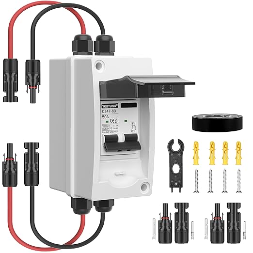 Solar Panel Disconnect Switch 50 Amp DC Miniature Circuit Breaker 1000V 2 Poles with PV Connector and IP65 Waterproof UV-Proof Box for Outdoor Solar PV Homes Battery