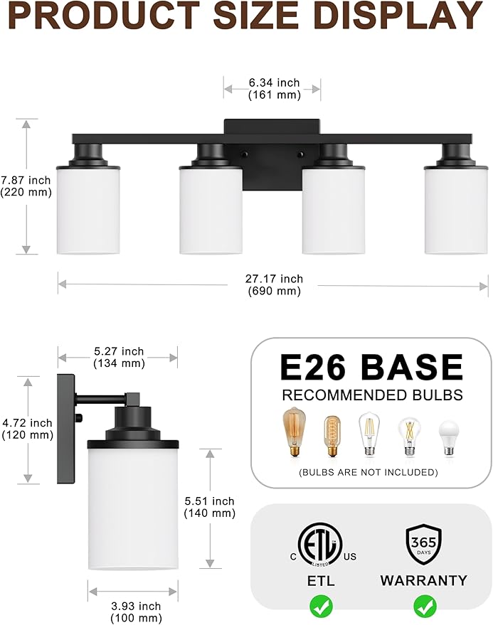 DORESshop 4-Light Black Bathroom Light Fixture Over Mirror with Milk Glass Shade, Modern Vanity Lights for Hallway Living Room Bedroom, ETL Listed