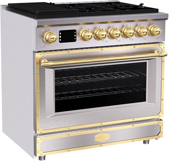 Akicon 36" Freestanding Gas Cooktop Oven Combo, Features 6 Sealed Burners, 5.2 Cu.ft Rapid Convection Oven, Convertible Fuel (NG/LP), Durable Cast Iron Grating (BSGBGGA1)