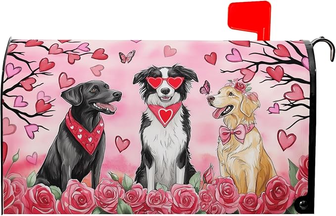 Kawani Valentine's Day Magnetic Mailbox Covers Pink Rose Heart and Dog Mailbox Covers Magnetic Standard Size 25.5x21 Inch Holiday Post Letter Box Cover for Anniversary Wedding Garden Yard Decor