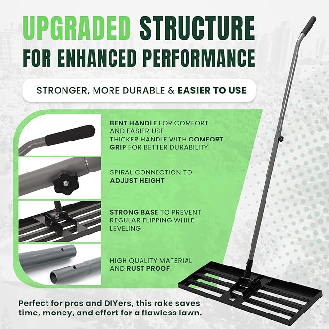 30" x 10" Stainless Steel Lawn Leveling Rake for Soil, Heavy Duty Lawn Leveler Tool for Yard with Adjustable Steel Handle up to 85", Yard Leveling Landscape Rake, Ground Leveler for Garden-Golf Course