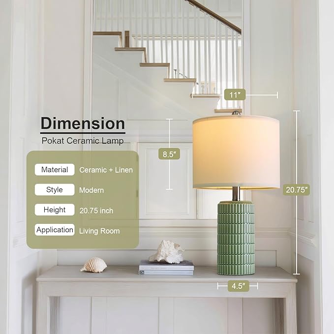 PoKat 20.75" Small Modern Ceramic Table Lamps Set of 2 for Bedroom, Green Bedside Lamps for Night Stands, Farmhouse House Decor Nightstand Table Lamps for Living Room End Table Green