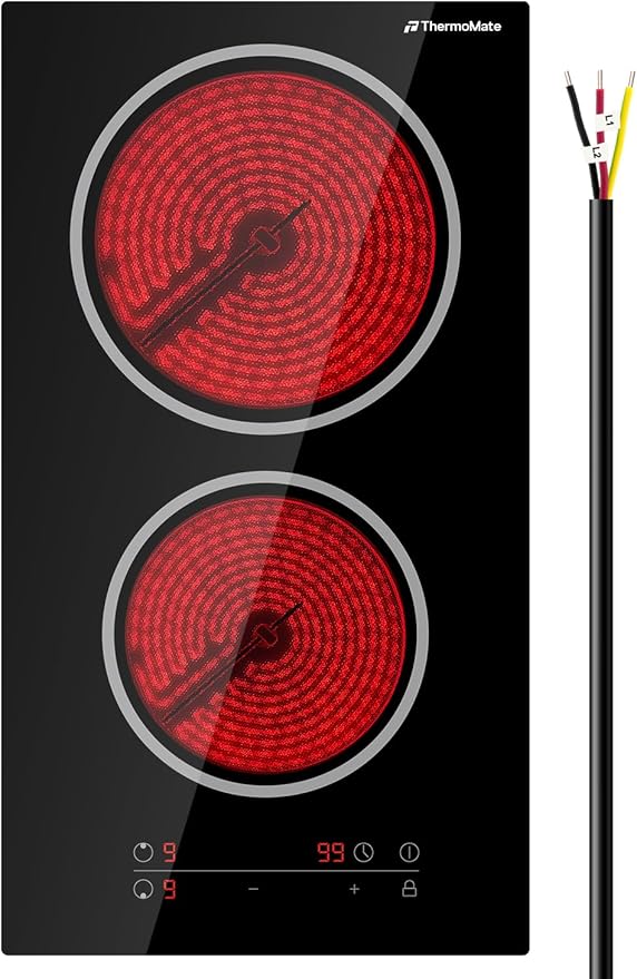 ThermoMate 2 Burners Electric Cooktop, 12 Inch Built in Electric Radiant Stove Top, 3200W Ceramic Glass Cooktop with Sensor Touch Control, 9 Heating Level, Chlid Lock & Timer, 220-240V Hard Wire