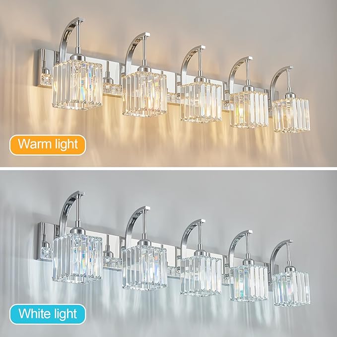 Crystal Vanity Lights 5-Light Chrome Bathroom Vanity Lights Modern Crystal Bathroom Light Fixtures Over Mirror 42.51" Long Vanity Light for Bathroom
