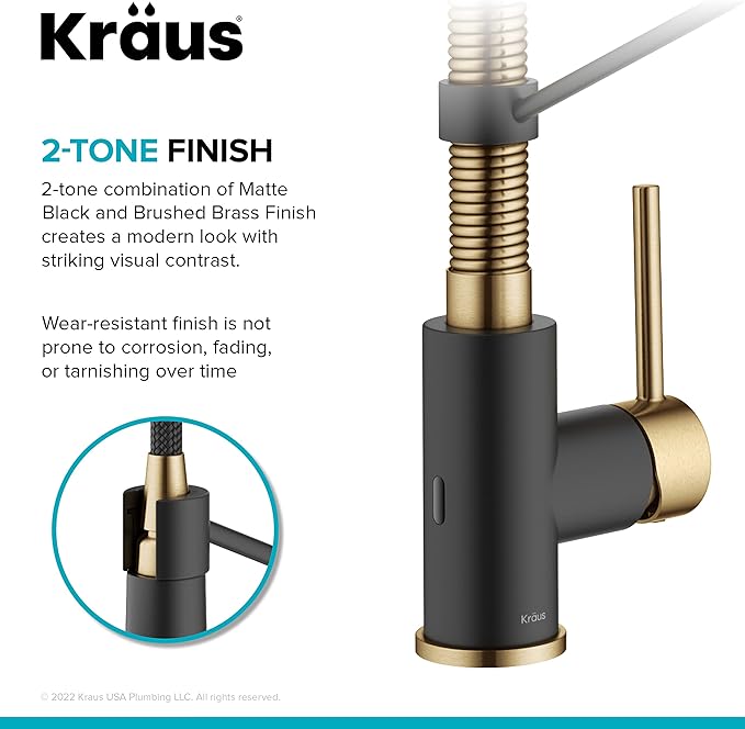 KRAUS Bolden Touchless Sensor Commercial Style 2-Function Single Handle Pull Down Kitchen Faucet in Brushed Brass/Matte Black, KSF-1610BBMB