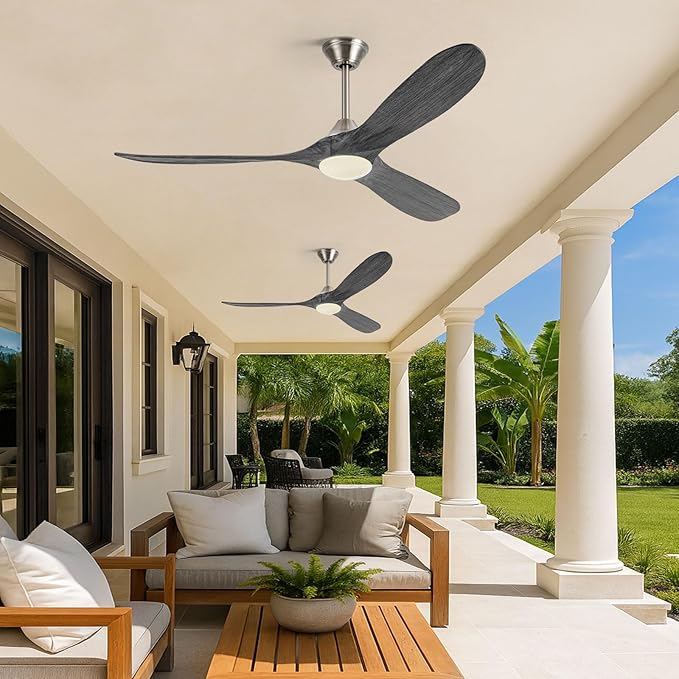 60 Inch Smart Outdoor Ceiling Fans with Light Alexa/Tuya App/Remote Control, Modern Gray Wood DC Ceiling Fan with Dimmable Led Light, Damp-rated Exterior Ceiling Fan for Patios Gazebo Bedroom Office