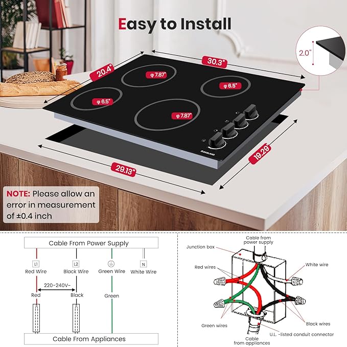 GASLAND Chef 30 Inch Electric Cooktop 4 Burners, Electric Ceramic Cooktop CH77BS, 7 Power Levels, Built-in Radiant Electric Stovetop, Mechanical Knob Control, Hot Surface Indicator, Hardwired, 240V