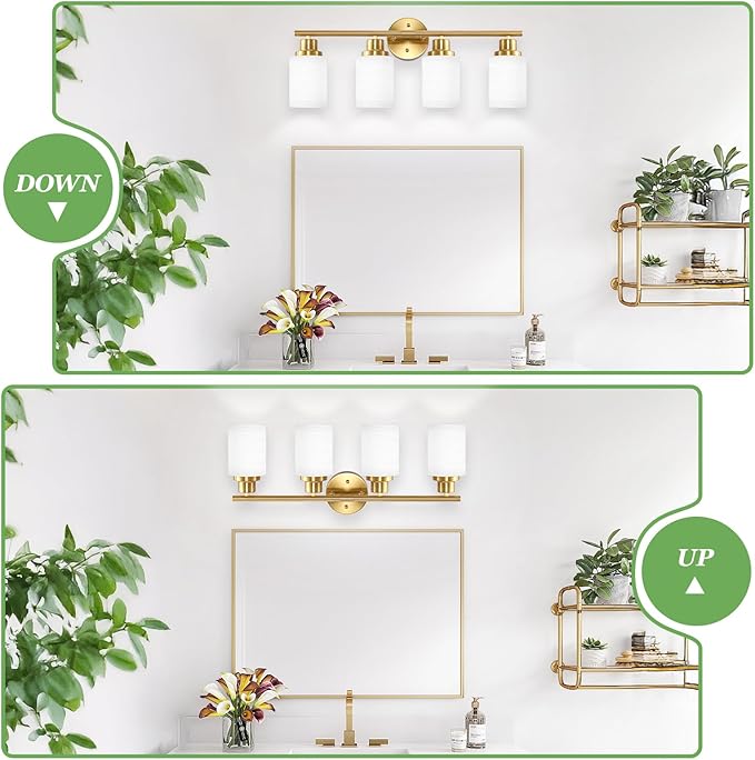 4-Light Vanity Lights, Brushed Gold Bathroom Light Fixture with Striped Textured Milky White Glass Shade, Modern Vanity Lighting Fixture for Bathroom Wall Light Over Mirror, E26 Wall Sconce