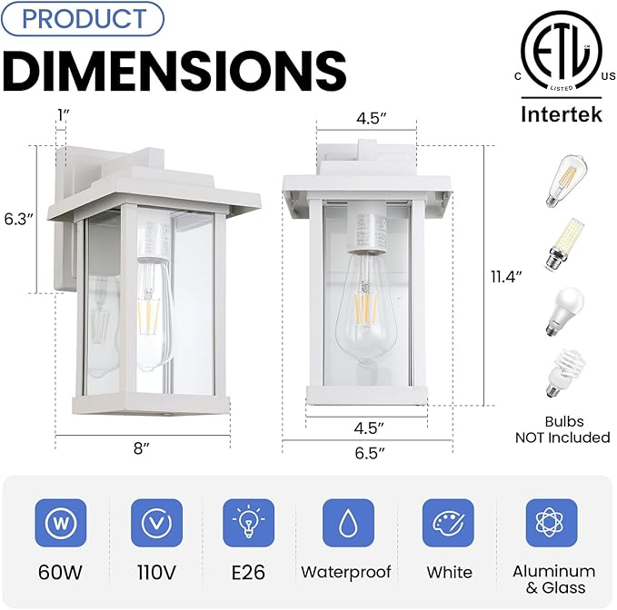 Outdoor Wall Sconce, Outside Porch Light Fixtures, Anti-Rust Exterior Wall Lights in Matte White Finish with Clear Glass for Garage Doorway Entryway, 2 Pack