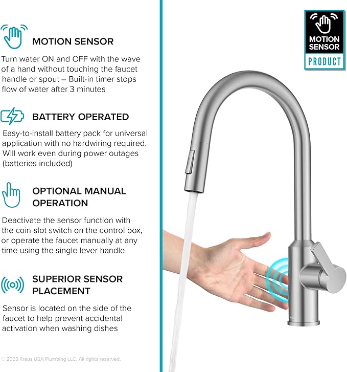 KRAUS Oletto Touchless Sensor Pull-Down Single Handle Kitchen Faucet in Spot-Free Stainless Steel, KSF-2830SFS