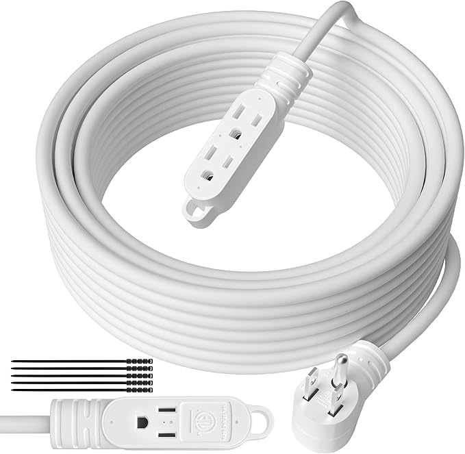 3 Prong Power Extension Cord with Multiple Outlets 35 FT, 16/3 Gauge Multi 3 Outlet Wire, 90 Degree Angled Male Plug, 16 AWG Grounded Wire (13A 125V 1625W), ETL Listed, White Cable with 25 Cable Ties