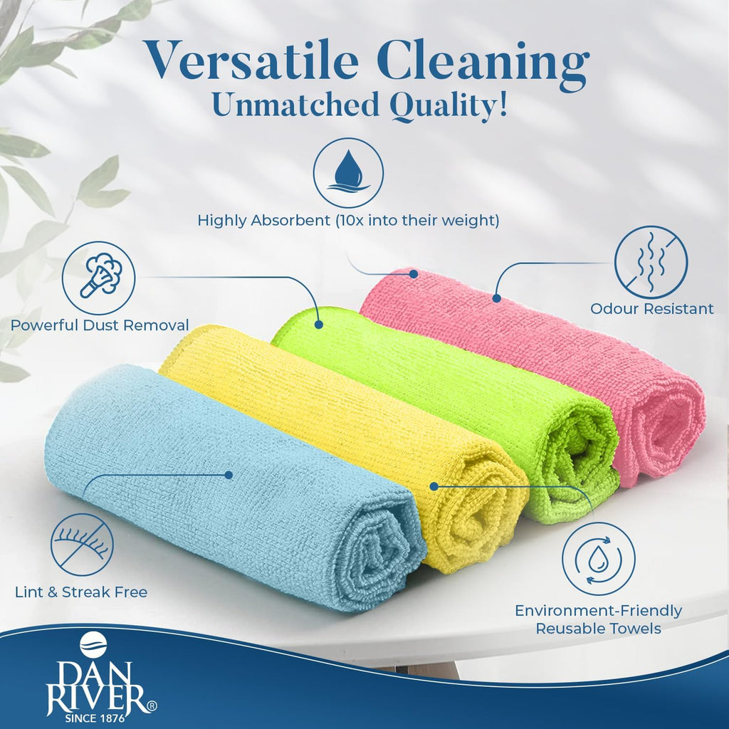DAN RIVER 12-Pack Microfiber Towels – Ultra Absorbent, Lint-Free & Streak-Free dishwashing Rags for Home, Car & Kitchen - Must-Have Cleaning Essentials - 12" x 12" - Assorted