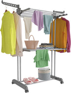 Bigzzia 3 Tier Clothes Drying Rack, 57 Inch Laundry Drying Rack, Foldable Stainless Steel Kids Clothing Rack, Movable Laundry Rack for Indoor Outdoor - Grey