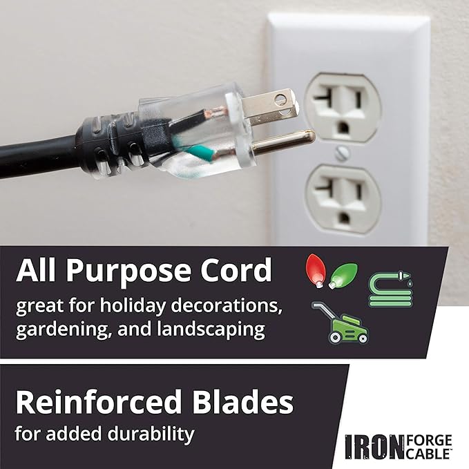 Iron Forge Cable 12 Gauge Extension Cord with Multiple Outlets - Black Heavy Duty Extension Cord 50 ft - 12/3 SJTOW, 3 Prong Lighted Outlet Cords