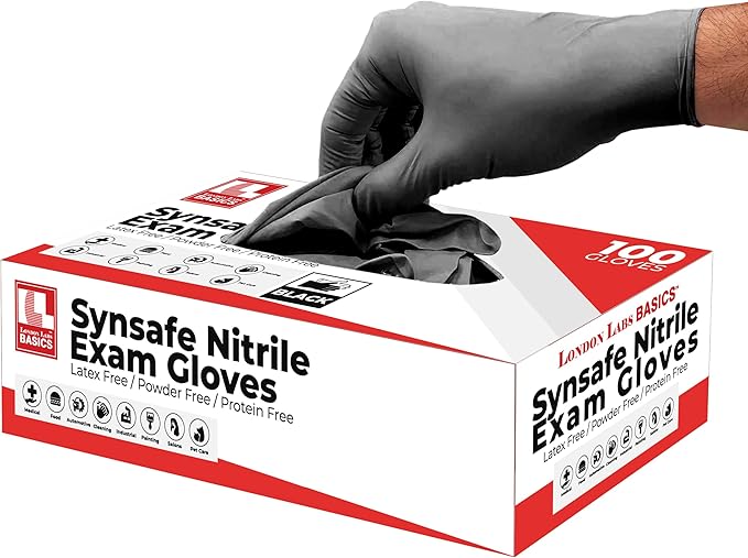 Synsafe 4 Mil - Black Nitrile Exam Gloves –Disposable Latex Free & Powder Free – Extra Strong, Rubber Gloves – First Aid Kit, Medical, EMT, Cleaning, Cooking | Pack of (100 ct)