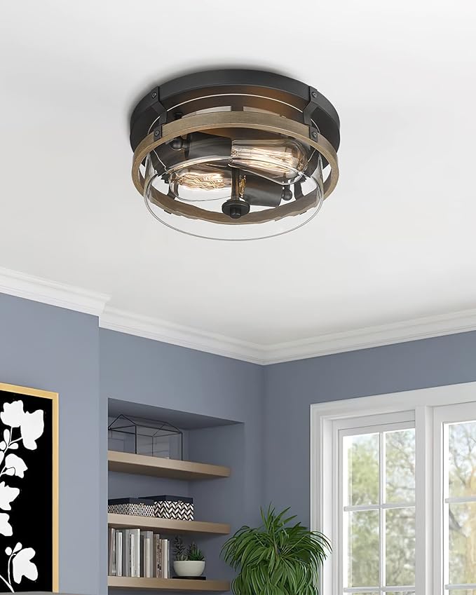 EAPUDUN Farmhouse Ceiling Light, Wooden Flush Mount Ceiling Light Fixtures with Clear Glass Shade, Retro 2-Light Ceiling Lamp for Hallway Entryway Bedroom Kitchen Dining Room FMA1443-FBDT