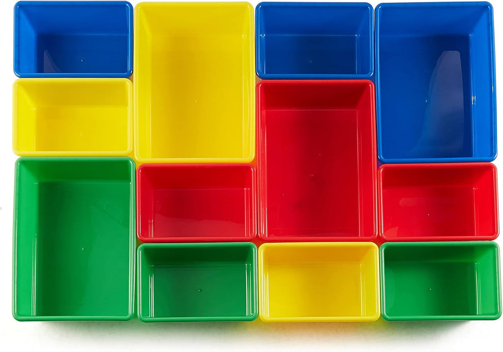 Amazon Basics Kids Toy Storage Organizer With 12 Plastic Bins, Natural Wood With Bright Bins, 10.9" D x 33.6" W x 31.1" H