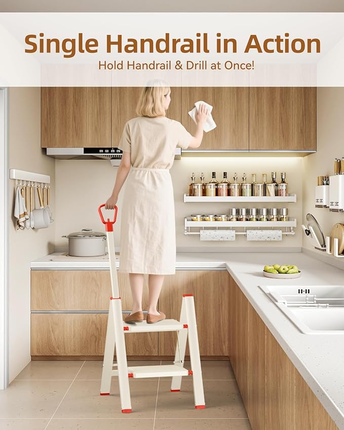 ASPERALD 2 Step Ladder with Single-Handrail,Foldable Step Stool with Anti-Slip Wide Pedals for Home Kitchen Closet,Lightweight Step Folding White