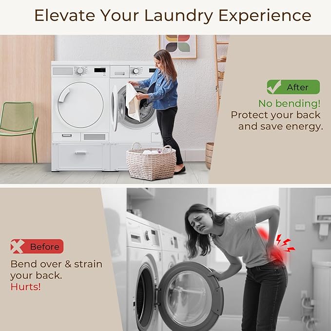 SKM 2 Pack Laundry Pedestals with Drawer - 28" Washer and Dryer Stand, Steel Washing Machine Raiser for Elevation, 14.3 Inches Height, White