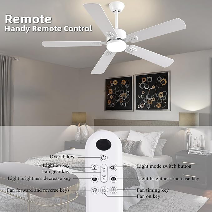 52 inch Modern White Ceiling Fans with Lights APP/Remote Control, Low Profile Reversible 6 Speeds Ceiling Fan Light for Indoor/Outdoor Patio Bedroom Living Room
