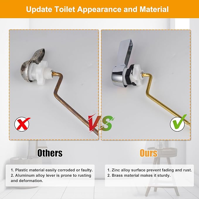 Hibbent Universal Metal Side Mount Toilet Handle Replacement Kit, Brass Toilet Flush Tank Lever with Stainless Steel Flapper Chains for Most Toilets, Chrome Finish