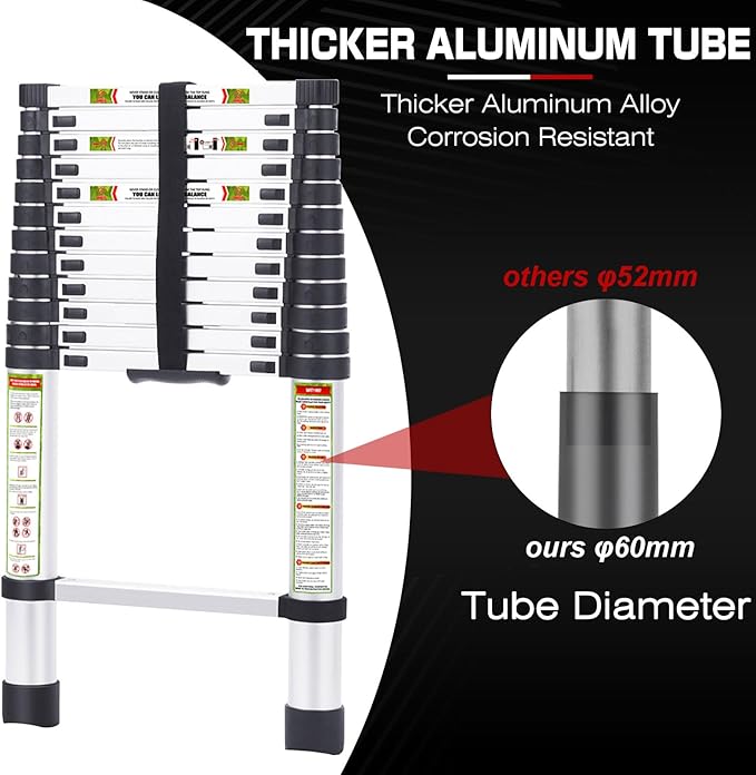 RIKADE Telescoping Ladder 12.5FT & Attic Ladder, Heavy Duty Aluminum with Non-Slip Feet, 330lb Capacity for RV, Attic, Roof & Multi-Surface Use
