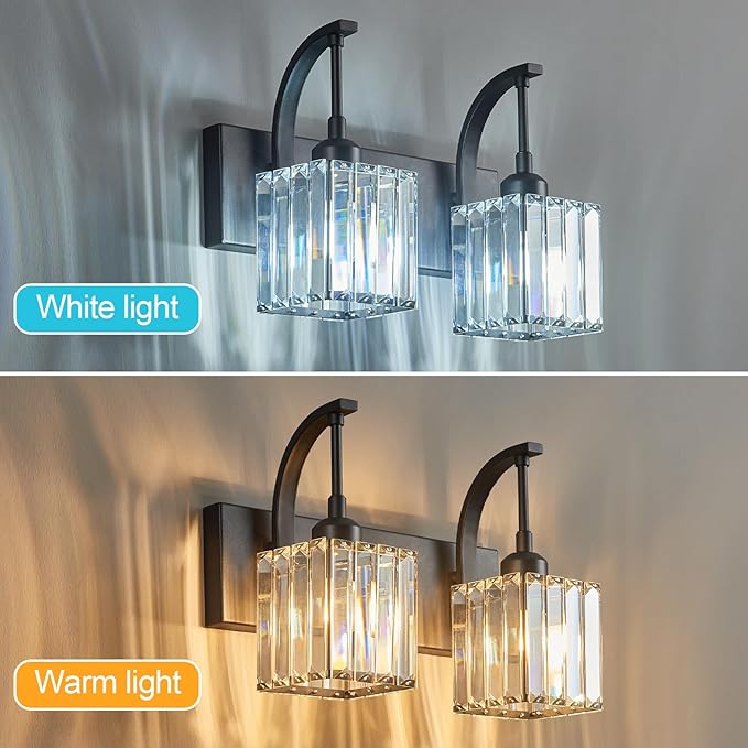 Crystal Vanity Lights 2-Light Black Wall Lamp Modern Crystal Bathroom Light Fixtures Over Mirror 13.77" Long Bathroom Wall Sconce