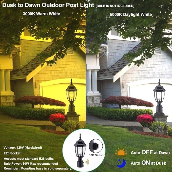 LIT-PaTH Dusk to Dawn Outdoor Post Lighting Fixture Pole Lantern, E26 Medium Base Max 60W, Aluminum Housing Plus Glass, Bulb Not Included (Black, 2-Pack)