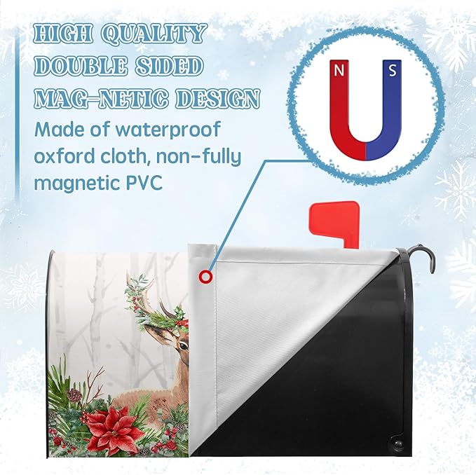 Xmas Deer Mailbox Covers Magnetic Large Size Winter Floral Mailbox Wraps 21x25.5 Inch Oversized Christmas Deer Post Box Cover Outside Decorations for Garden Yard