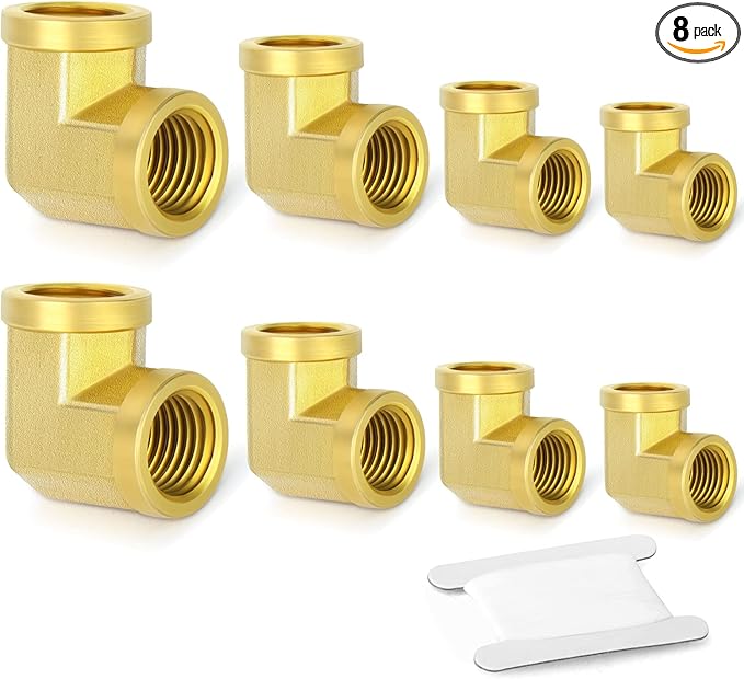 Gasher 8PCS Brass Pipe Fitting Female Elbow 1/8 Inch NPT x 1/4 Inch NPT x 3/8 Inch NPT x 1/2 Inch NPT