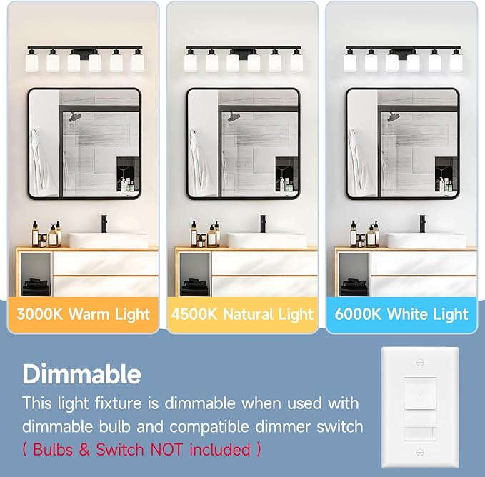 6 Light Bathroom Vanity Light, Modern Matte Black Bathroom Light Fixtures with Square Frosted Glass, Wall Sconces fixtures Over Mirror Restroom,Living Room Hallway E26