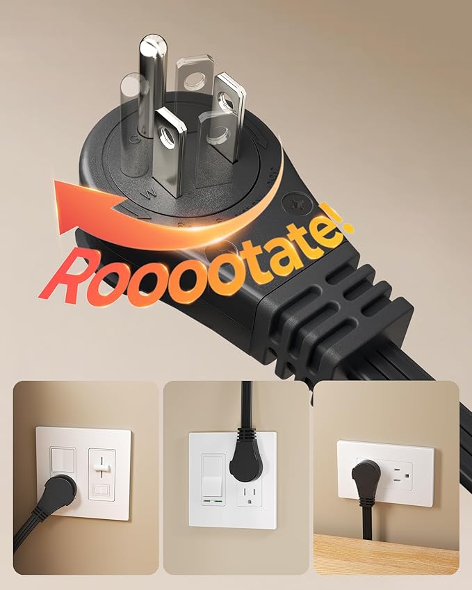 DEWENWILS 6FT 360° Rotating Flat Plug Extension Cord/Wire, 16AWG Multi 3 Outlet Extension Cord, 3 Prong Grounded Wire for Small Appliances, 2 Pack, Black